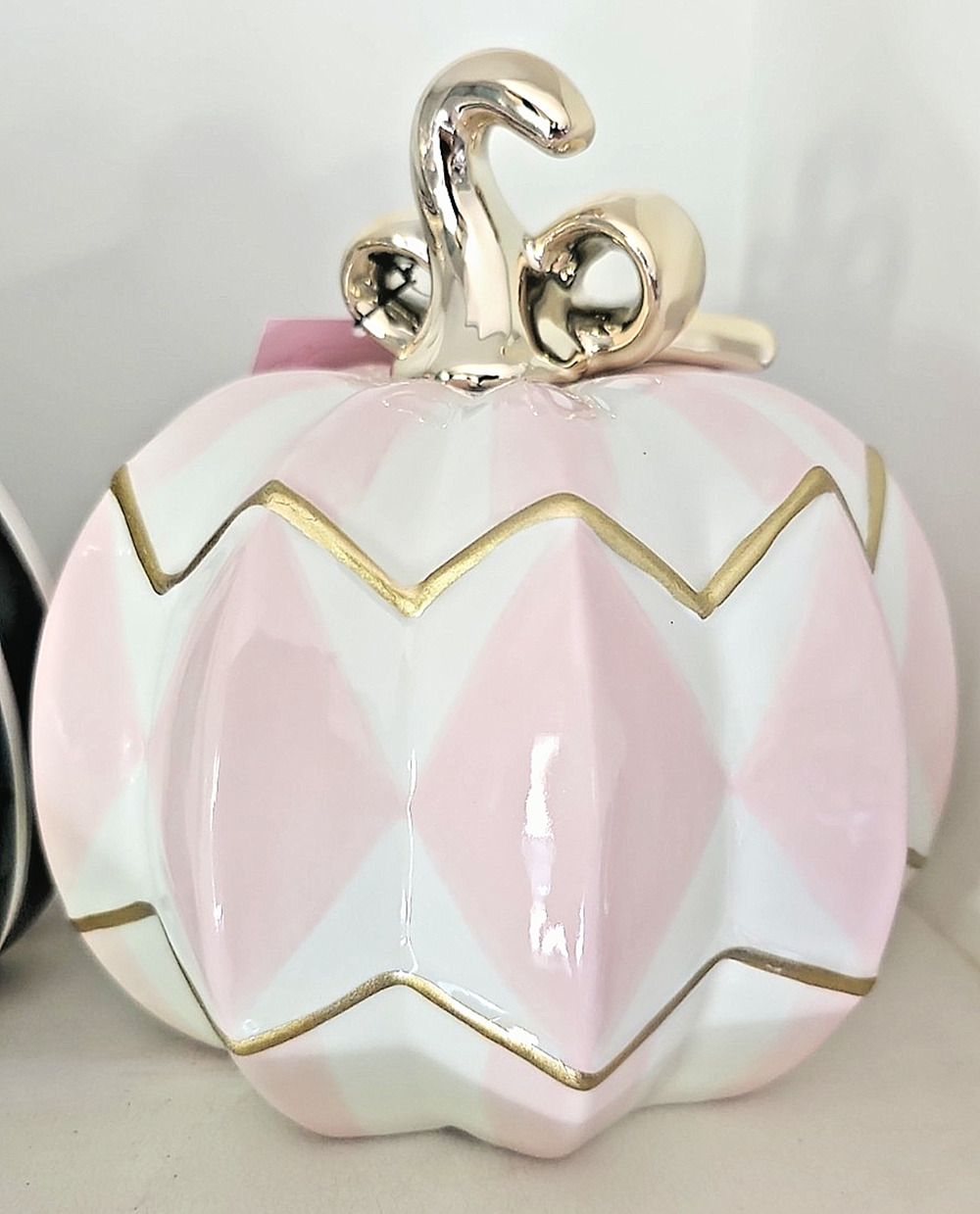 Mackenzie Childs Inspired Ceramic Pumpkin Pink & White with Gold Trim